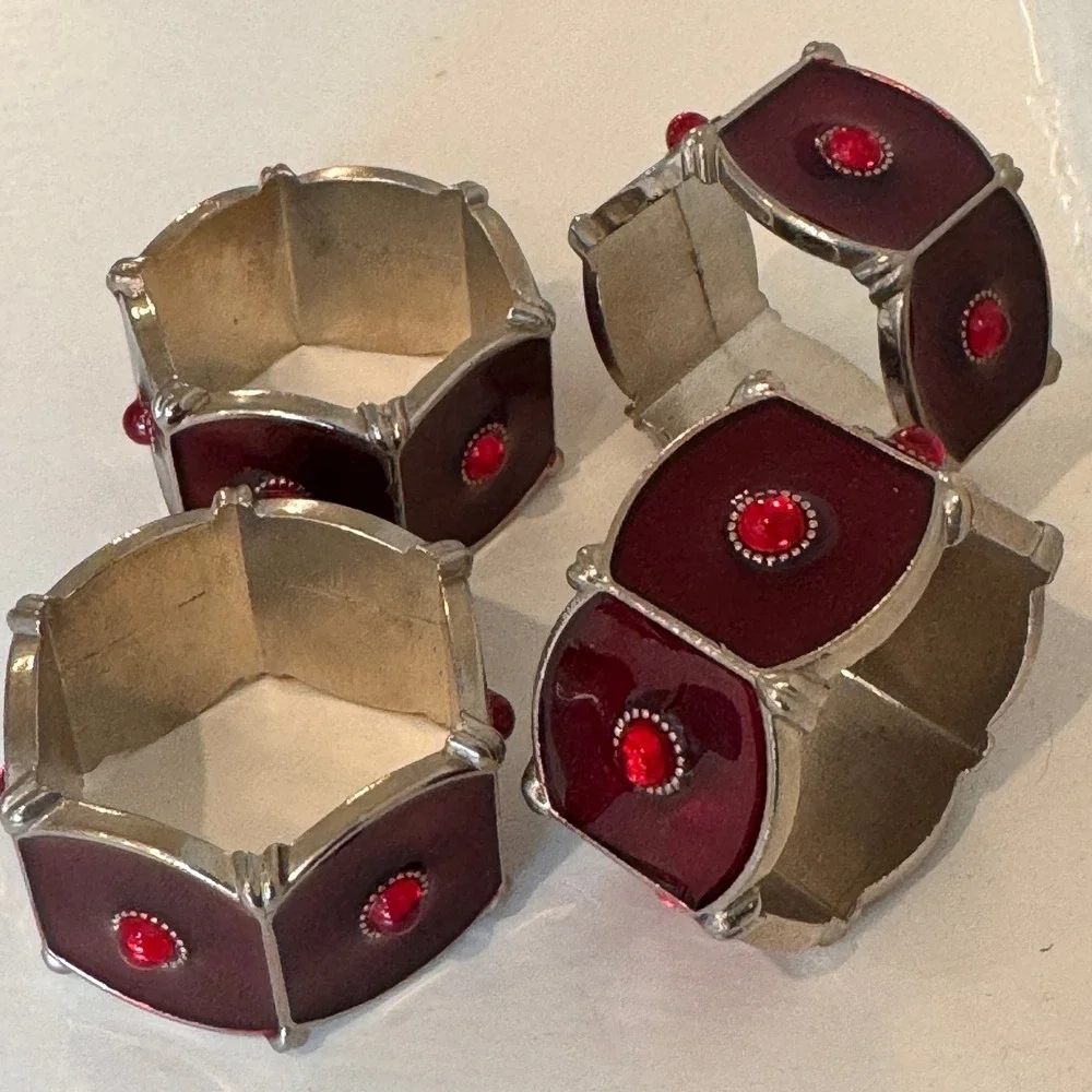 Pottery Barn Burgundy Enamel Red Jeweled Napkin Ring Set of 4